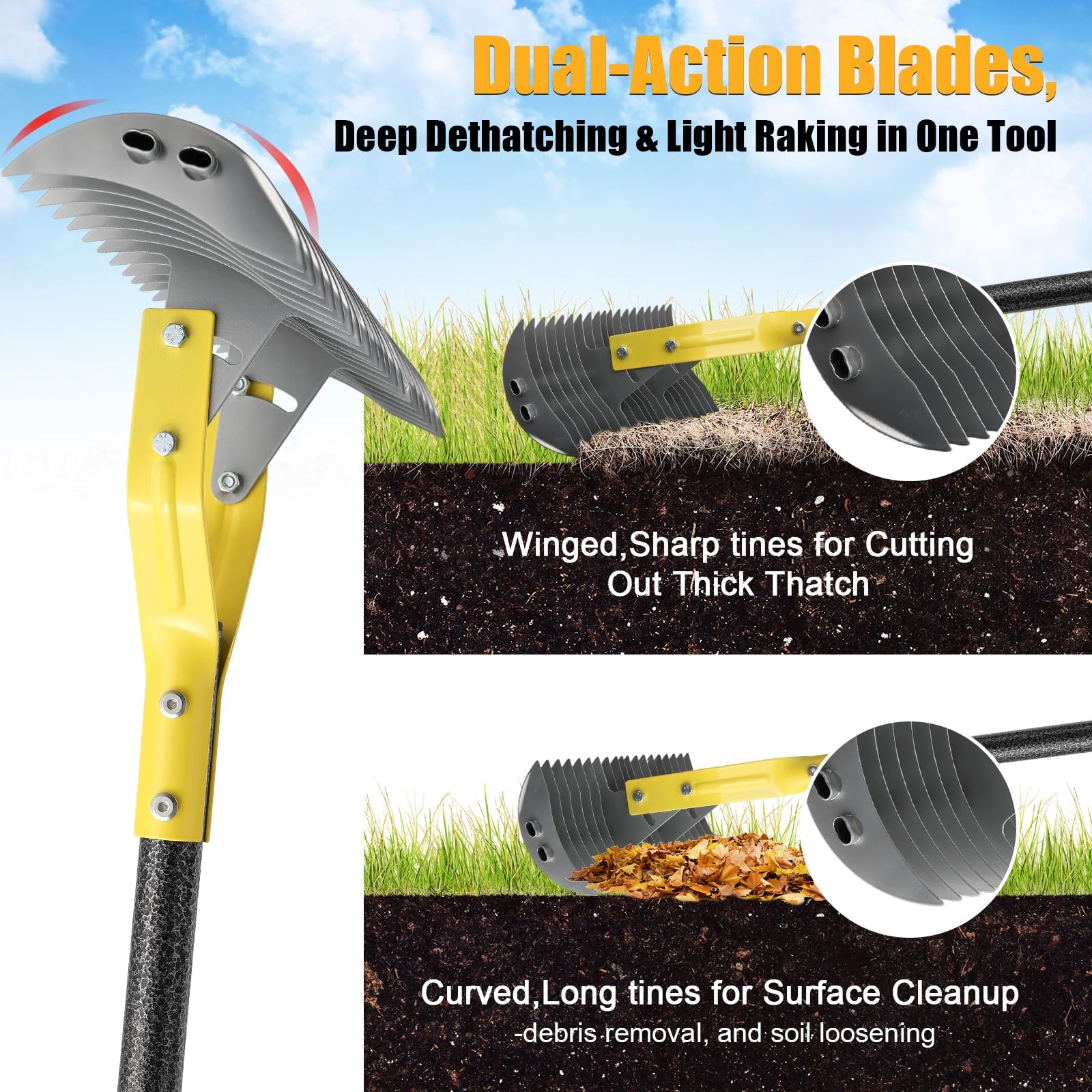 Dual-Action Thatch Rake for Lawn - Efficient 15" Thatching Rake with Sharp De...