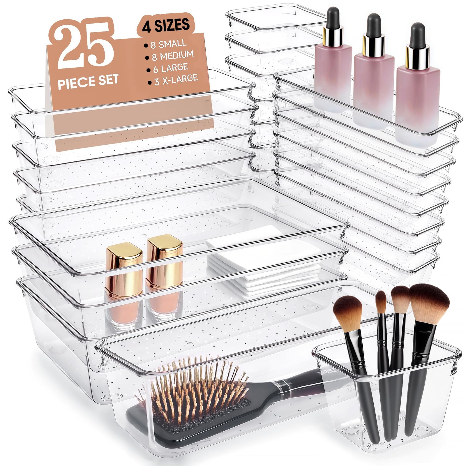 25 Pcs Clear Acrylic Drawer Organizers, Makeup, Desk, Vanity, Storage Trays