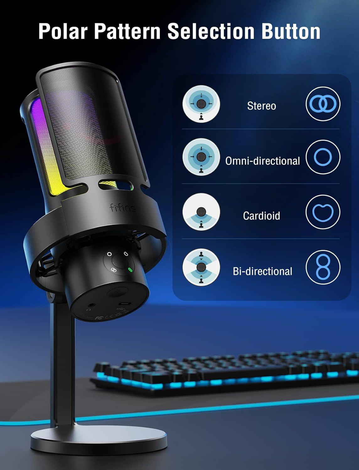 FIFINE Gaming USB Microphone, PC Computer Mic with 4 Polar Patterns for Podcast