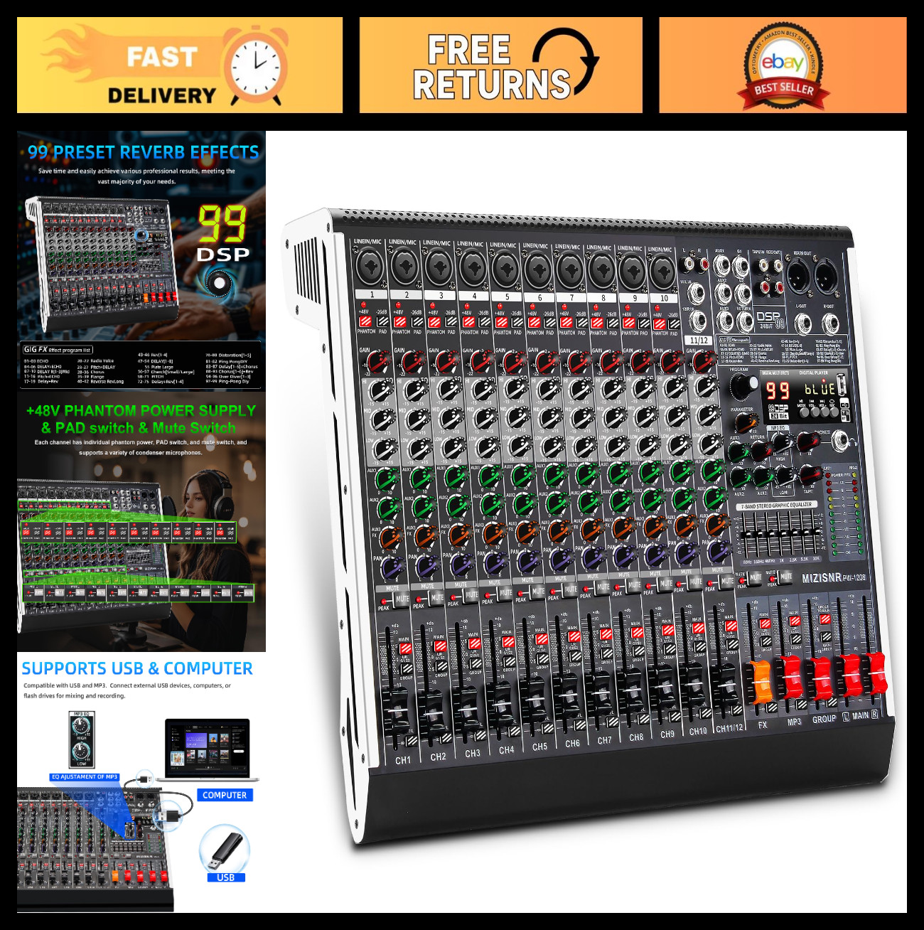 12-Channel Audio Mixer with 99 DSP Effects, 7-Band EQ, USB & Bluetooth DJ Consol