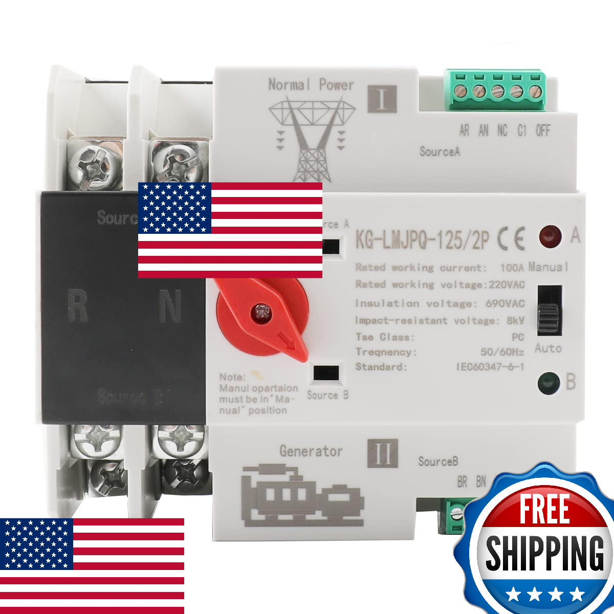 CDZHLTG 2P 100A Dual Power Automatic Transfer Switch 220V Generator Changeover S