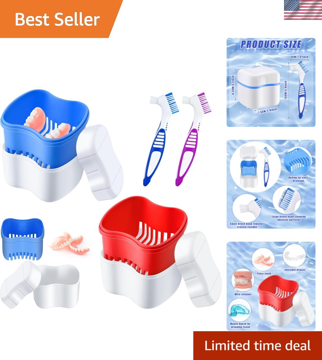 2 Denture Cases Denture Bath Cups with 2 Denture Cleaner Brushes Retainer Cle...