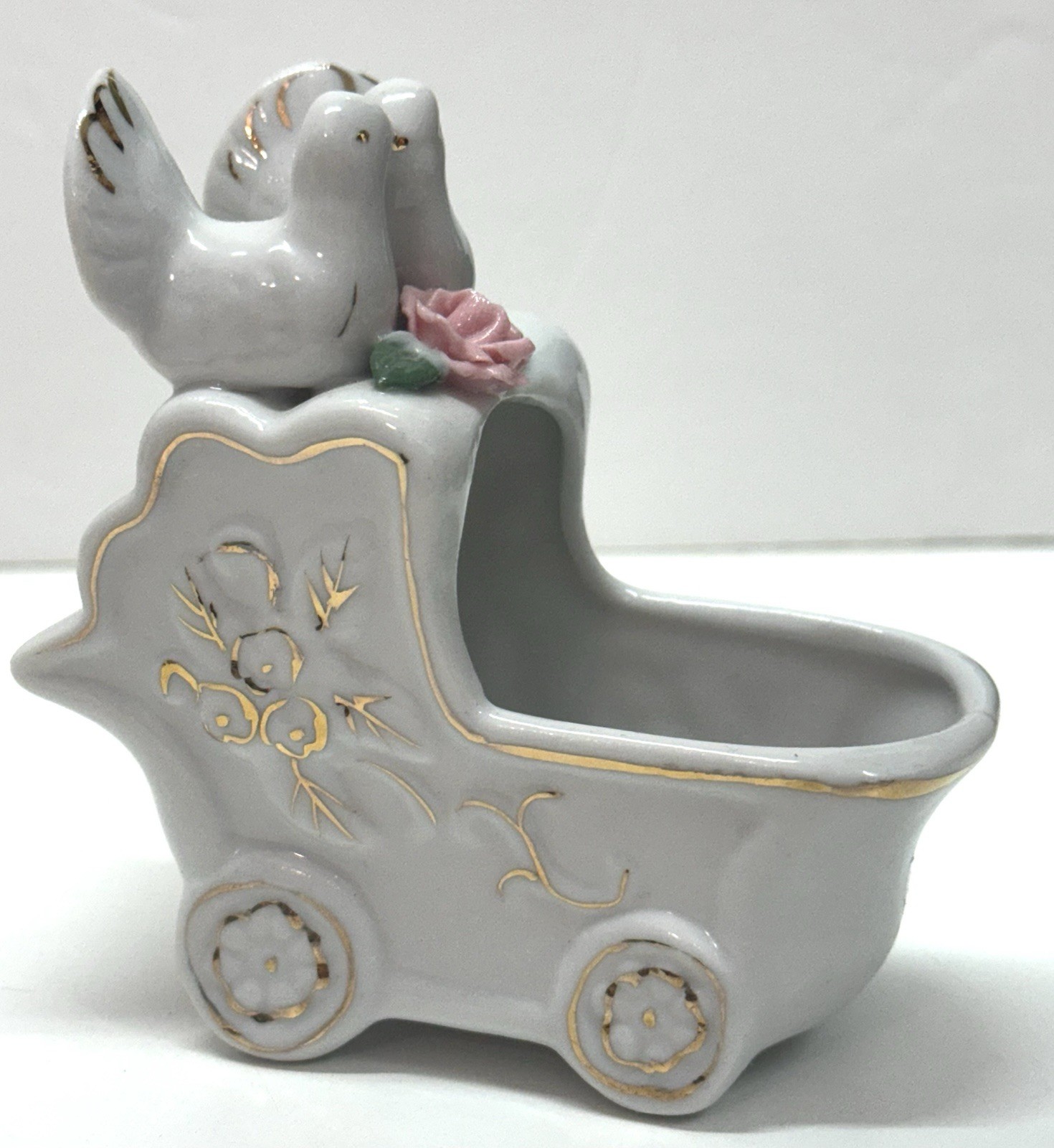 Vtg 1950's Ceramic Baby Carriage Planter/Trinket Tray 2 Doves Pink Rose & Gold