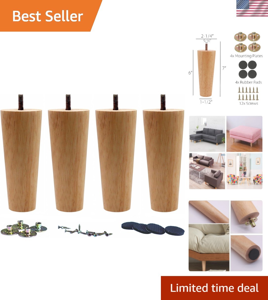 Elegant 6" Round Tapered Solid Wood Legs Set of 4 for Chair Sofa Replacement