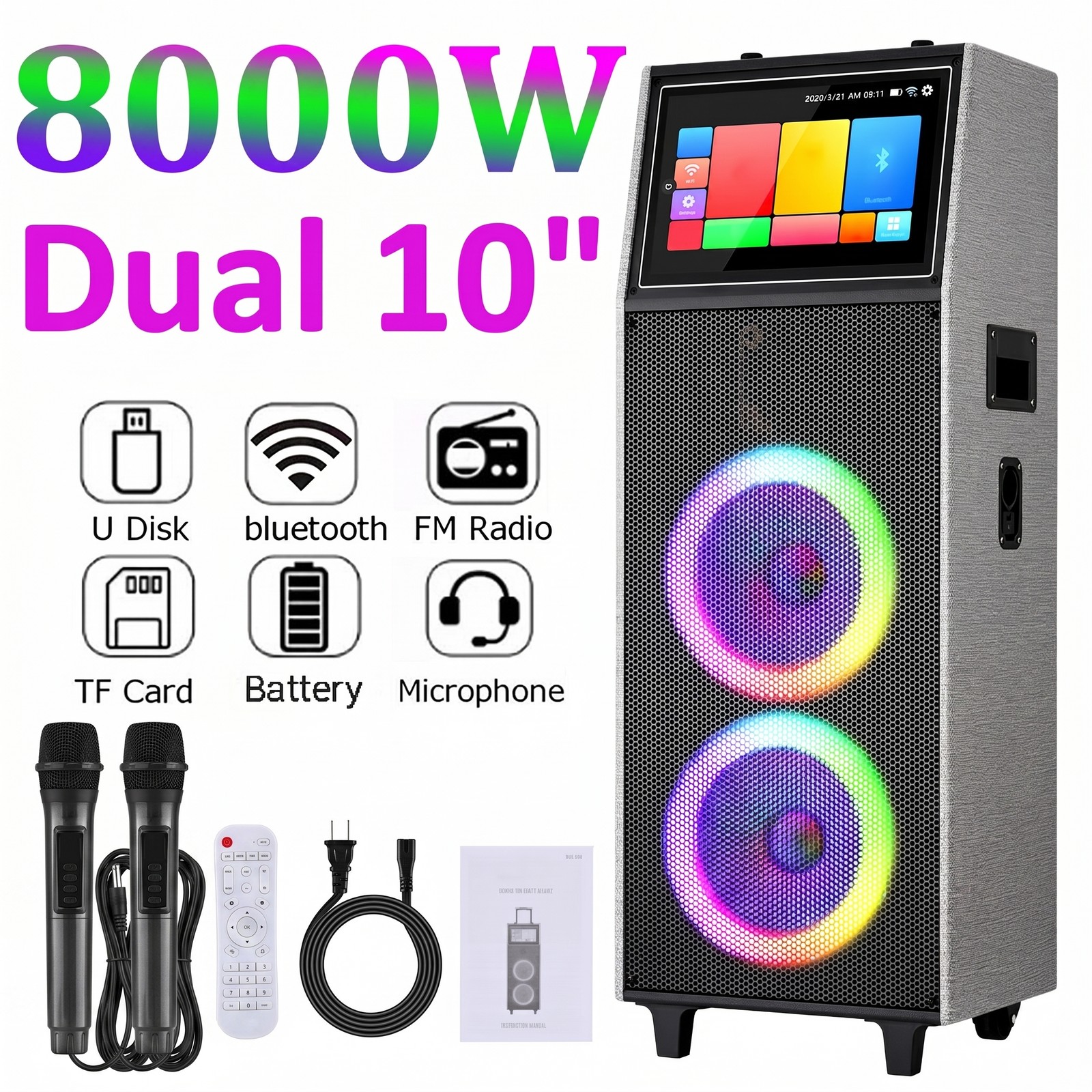 Dual 10" Portable Karaoke Machine Speaker with 2 wired Mics & Remote