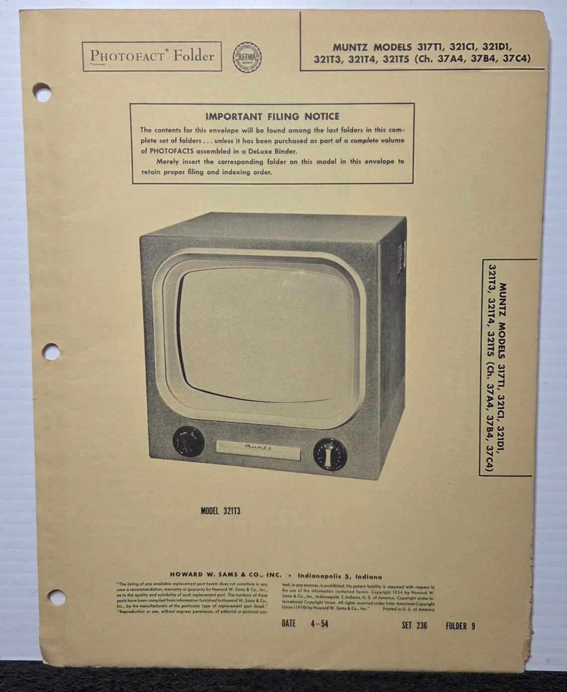 SAMS TELEVISION SERVICE MANUAL 236-9 MUNTZ 317T1 321C1 321D1 321T3 321T5 321T5