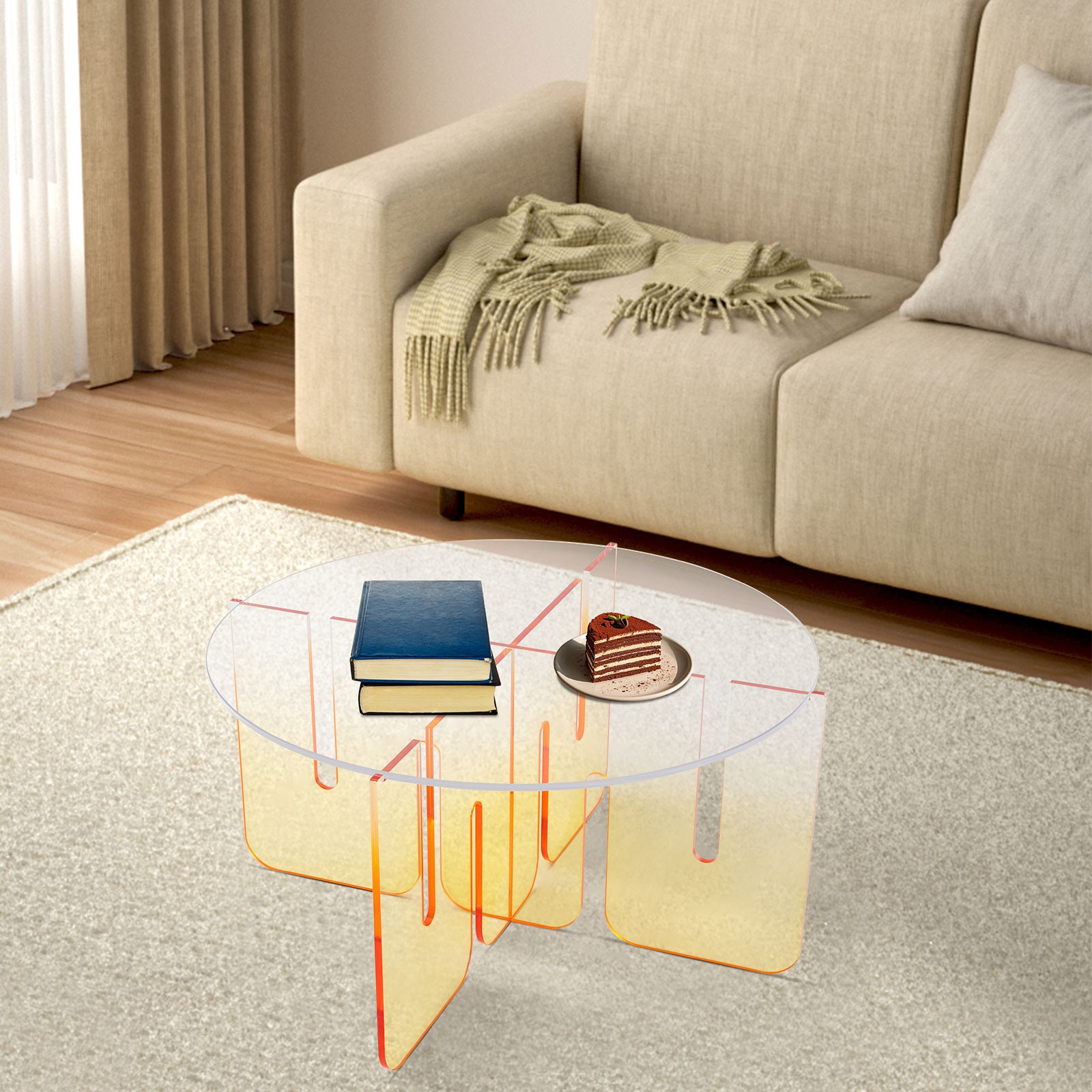 Round Acrylic Coffee Table Gradient Orange Modern Coffee Table with Clear Round