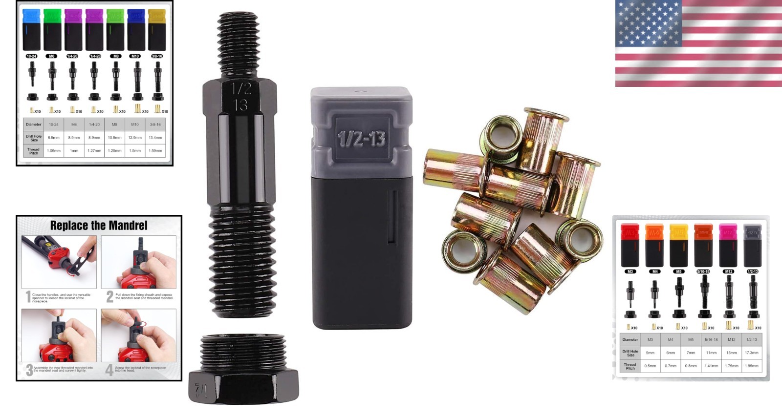 Efficient Rivet Nut Tool Set with 1/2-13 Mandrel & 10 Corrosion-Resistant Nuts