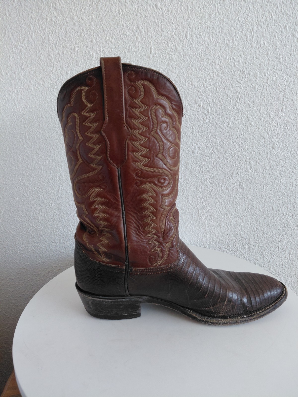Western Brown Leather Boots Lizard Vamp Handcrafted In Mexico Mens Size 10