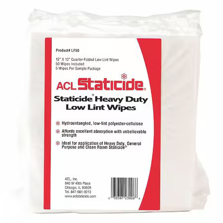 Acl Staticide Lf-50 Disposable Wipes, 12" X 13", 50 Per Pack Sheets/ Pack
