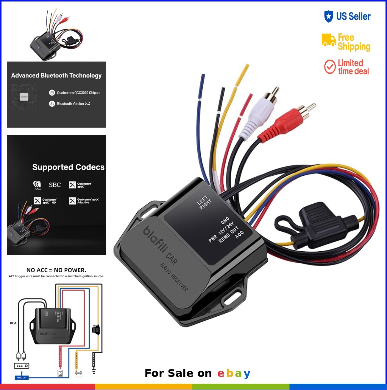 Bluetooth Receiver 5.2 aptX Adaptive AAC 12V 24V RCA Output Wireless Audio