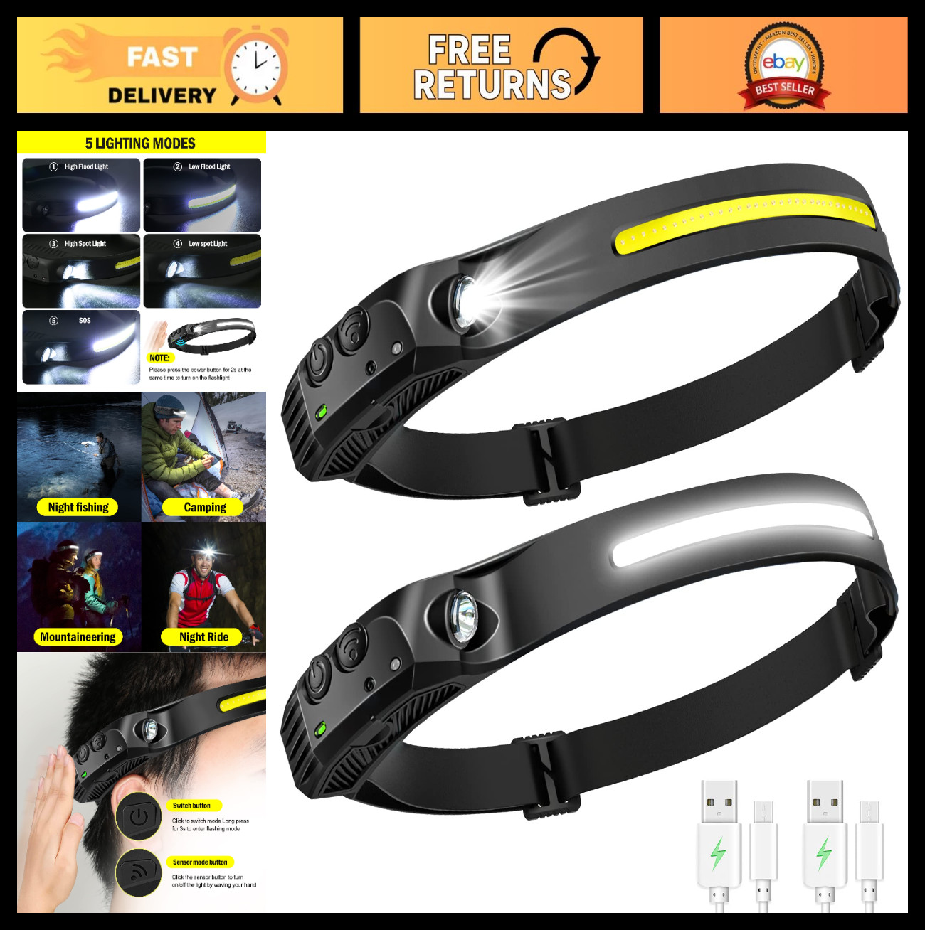 Rechargeable LED Headlamp Flashlight - 2PCS, 230° Wide Beam, Motion Sensor, 5 Mo