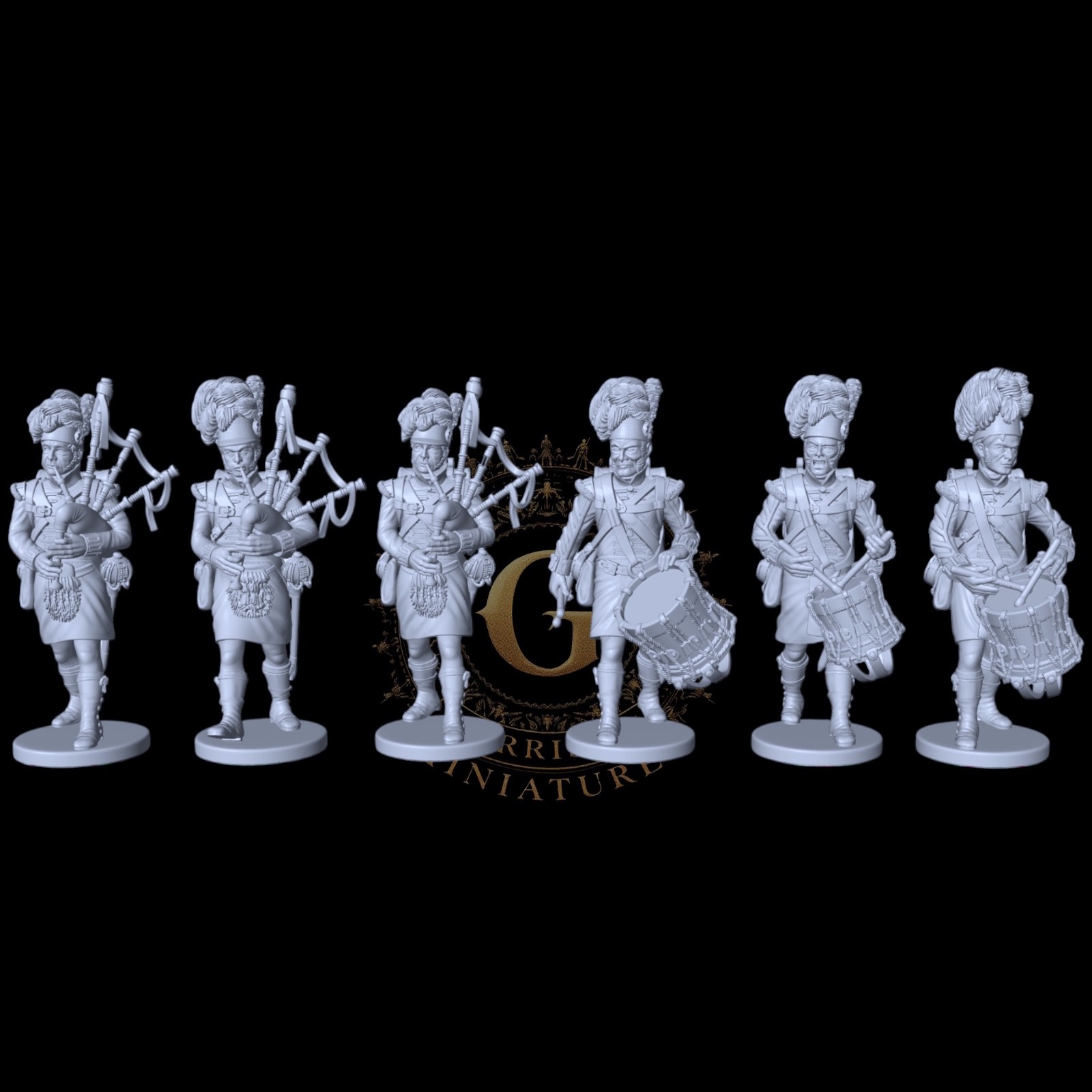 28mm 1/56 Napoleonic Scots Pipes & Drums X6 Figure Set Black Powder etc