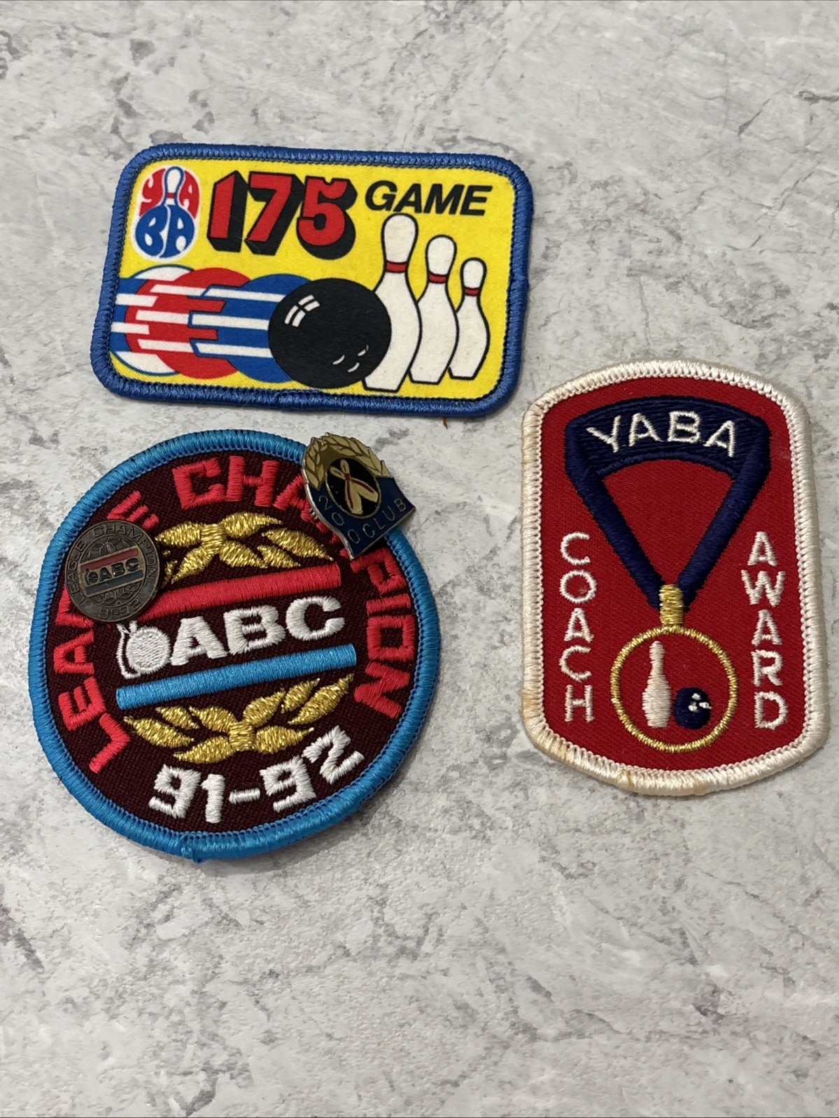 Vintage Lot of 3 Bowling Patches & 2 Lapel Pins. 175 Game & Yaba Coach Award