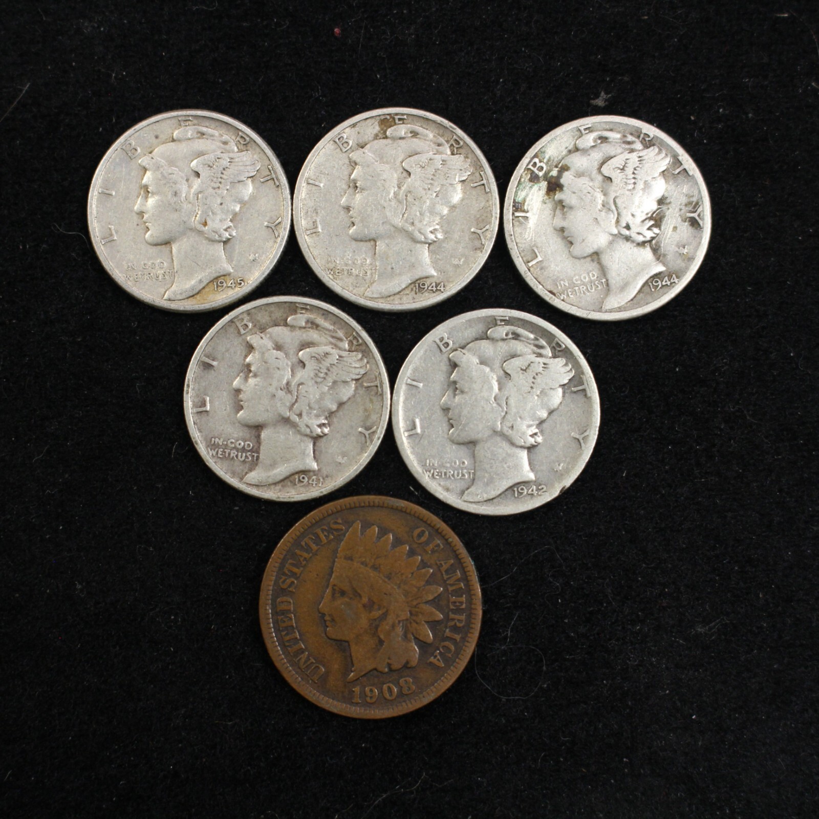 5 Mercury Silver Dimes & 1 Indian Head Cent  - No Culls, Readable Dates