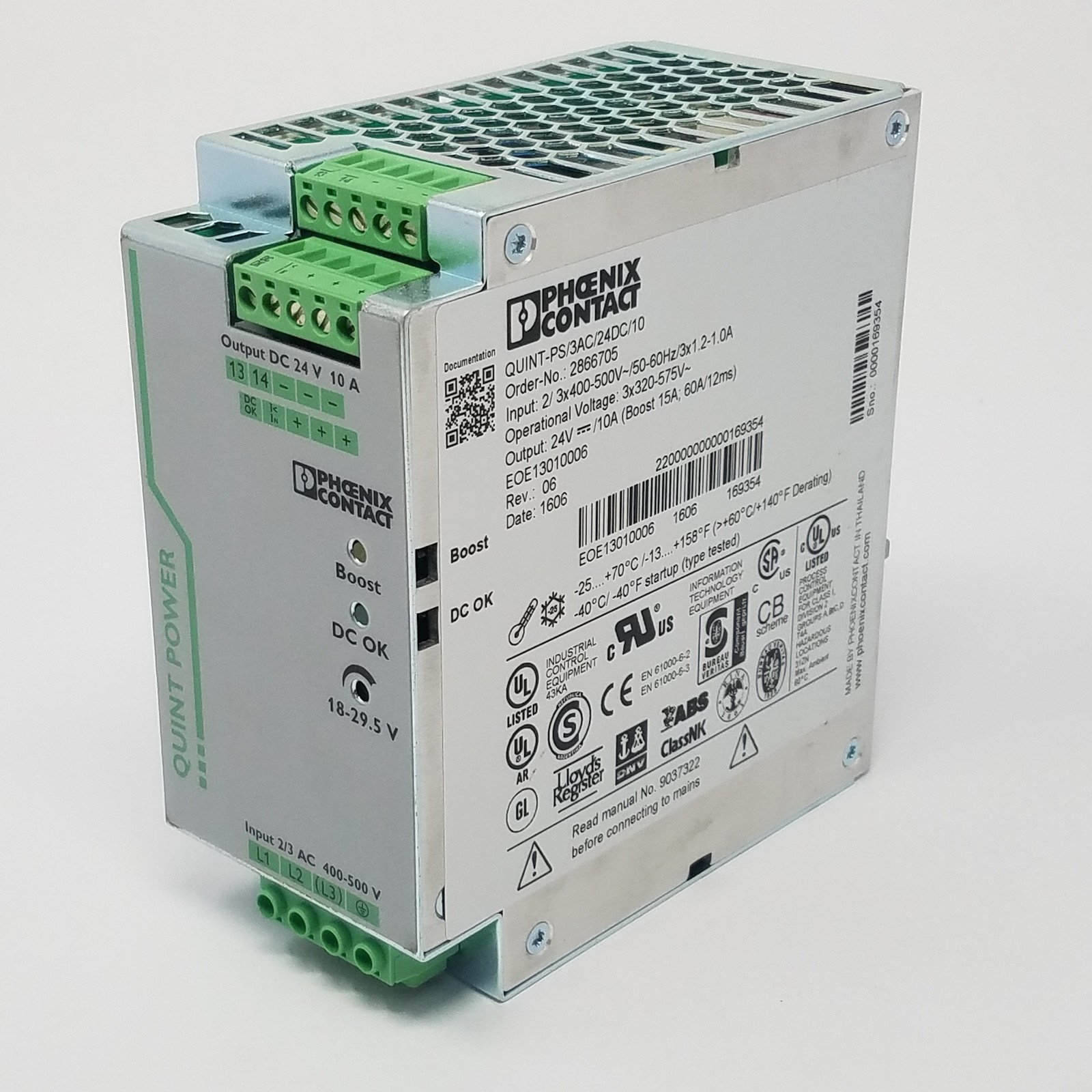 Phoenix Contact QUINT-PS/3AC/24DC/10 PLC Power Supply, 3 Ph, 10A, 400VAC, 24VDC