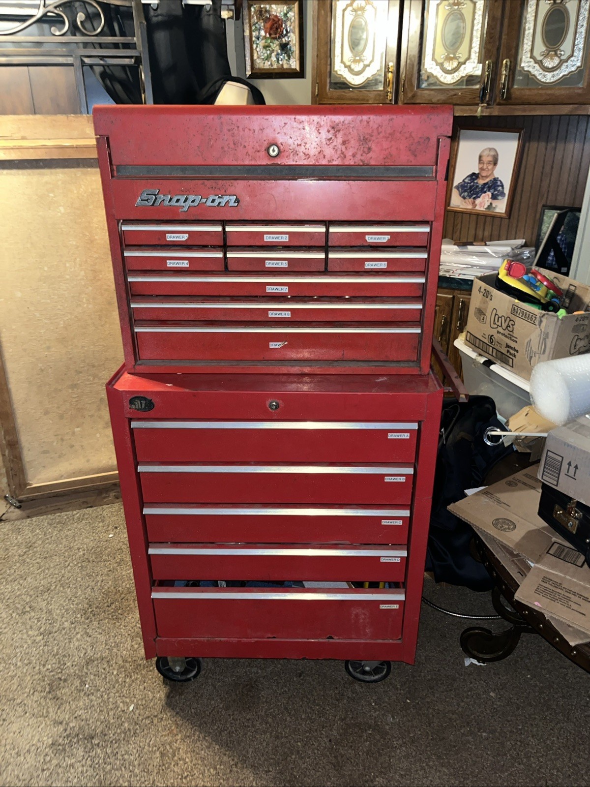 Vintage Snap-On Tool Cabinet with KRA-63A and bottom unit is ATD brand with 5 dr