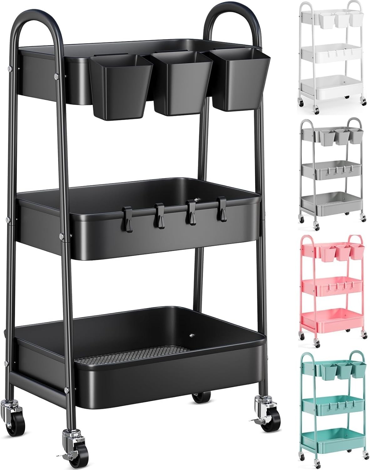 Carrito de metal con ruedas de 3 niveles, con cerradura y portavasos para colgar