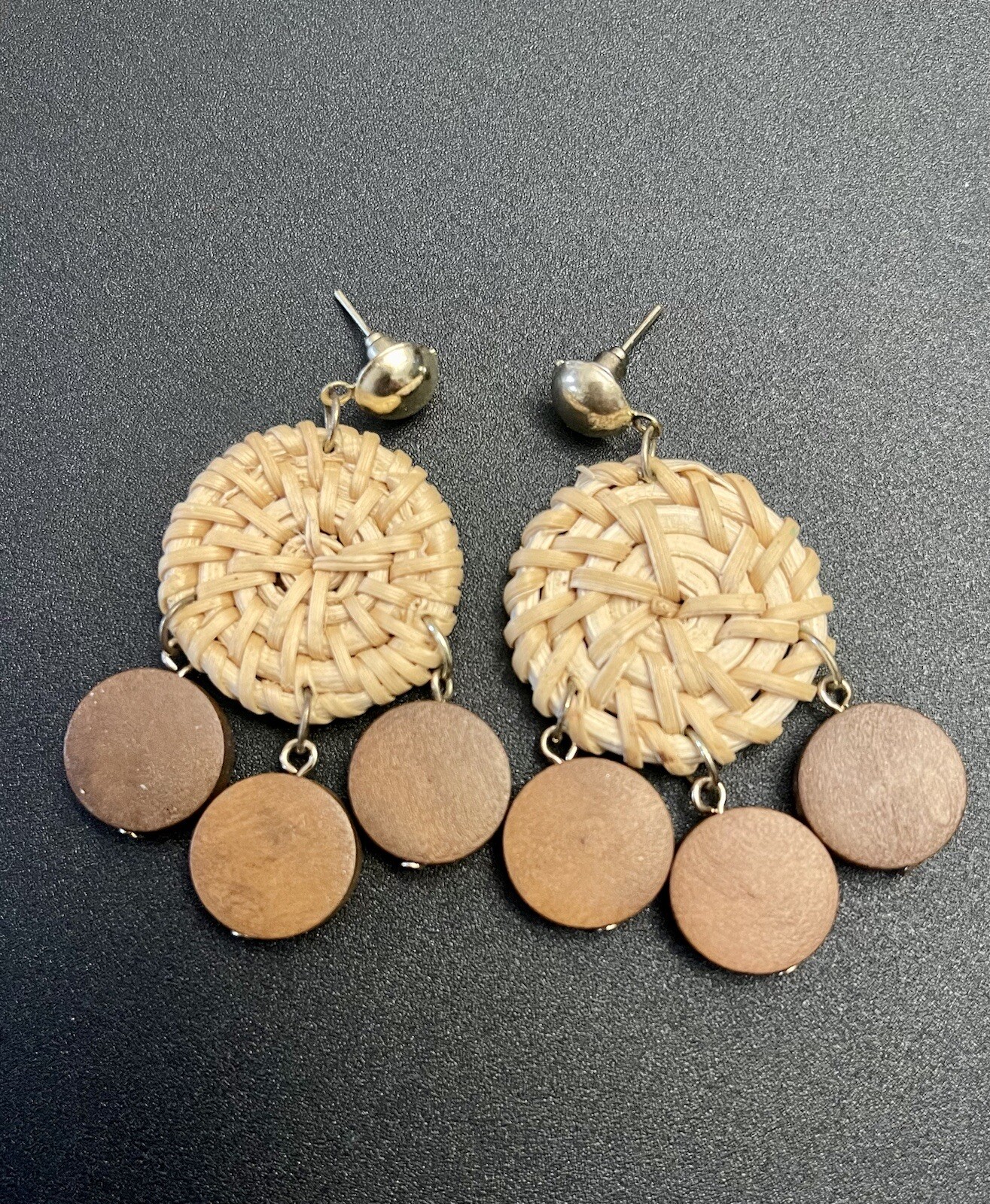 Retro Rattan Wicker Wood Dangle Pierced Earrings Boho