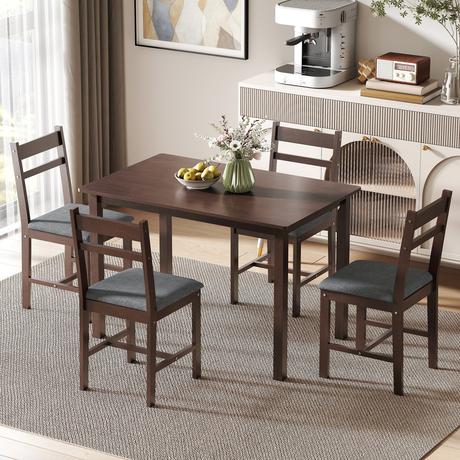 5-Piece Dining Table Set for 4, Kitchen Table and Chairs, Walnut