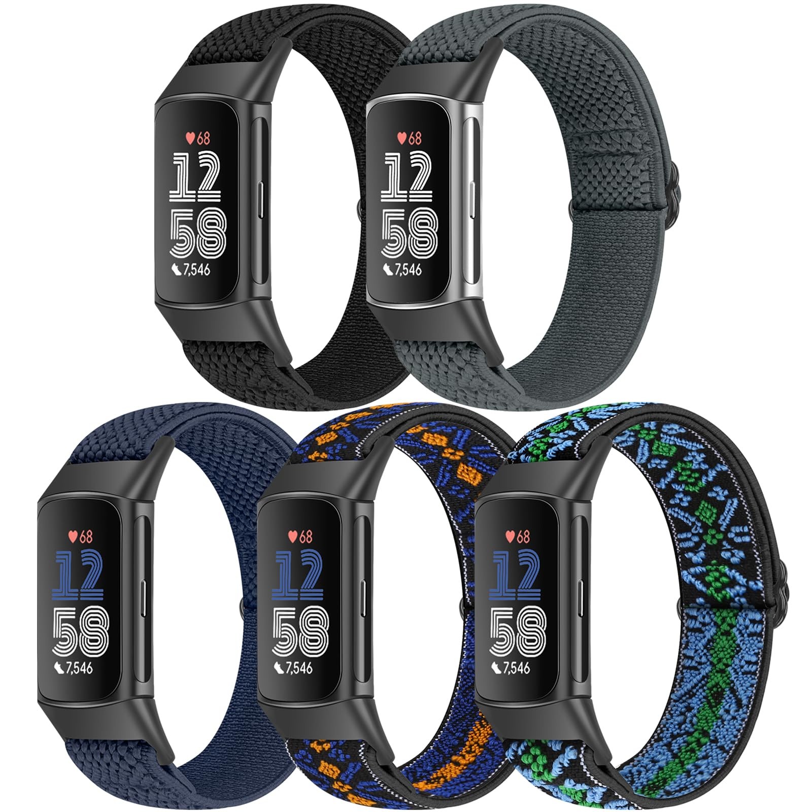 5 Pack Nylon Elastic Adjustable Watch Bands for Fitbit Charge 6/Charge 5