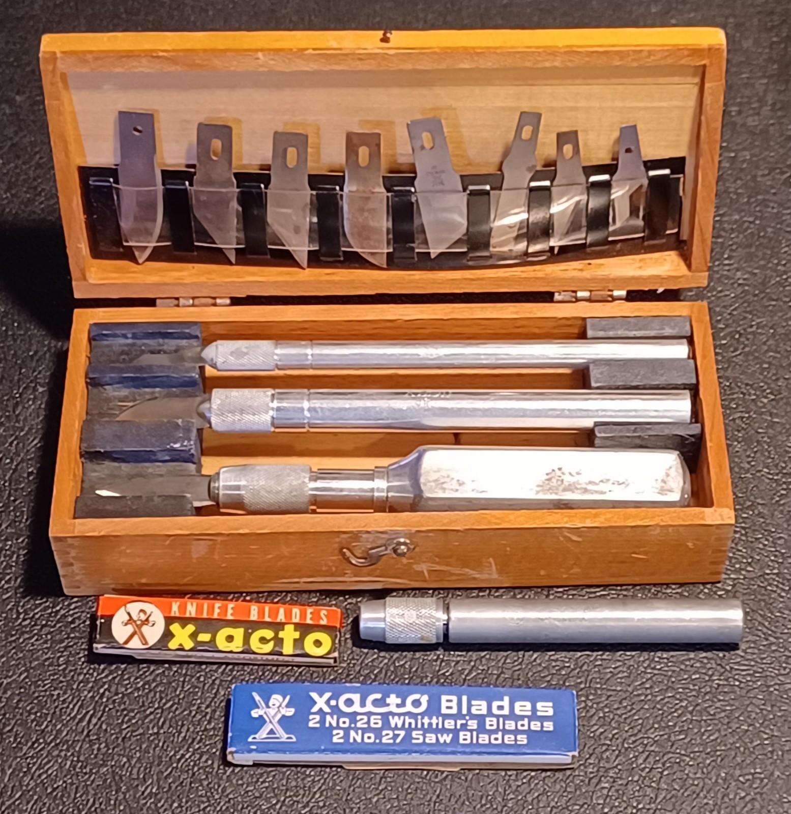 Vtg X-Acto Knife Set Wood Dovetail Box Early Logo Blades Handles +Extra Handle I