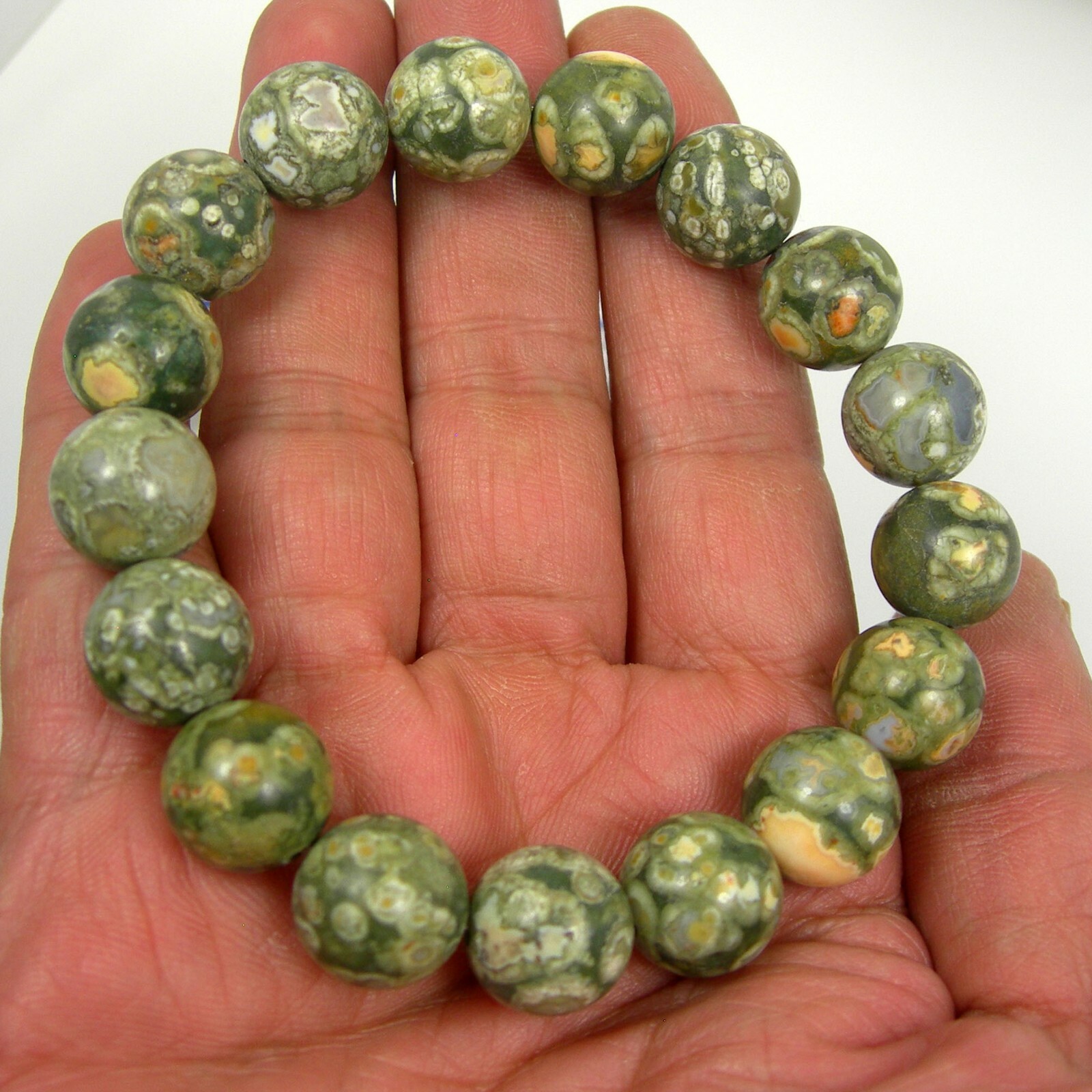 12mm Round Green Natural Rhyolite Jasper Gemstone Healing Stretch Bracelet