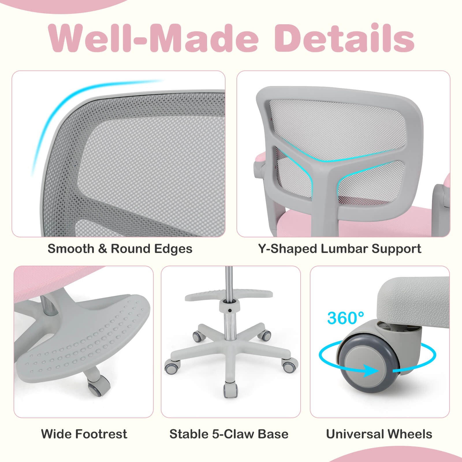 Kids Desk Chair Children Study Chair w/Adjustable Height, Armrest & Footrest