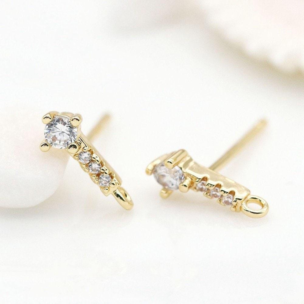 2Pairs 18K Gold Plated Stud Earrings Connector, Cubic Zirconia Pave Stick GZX584