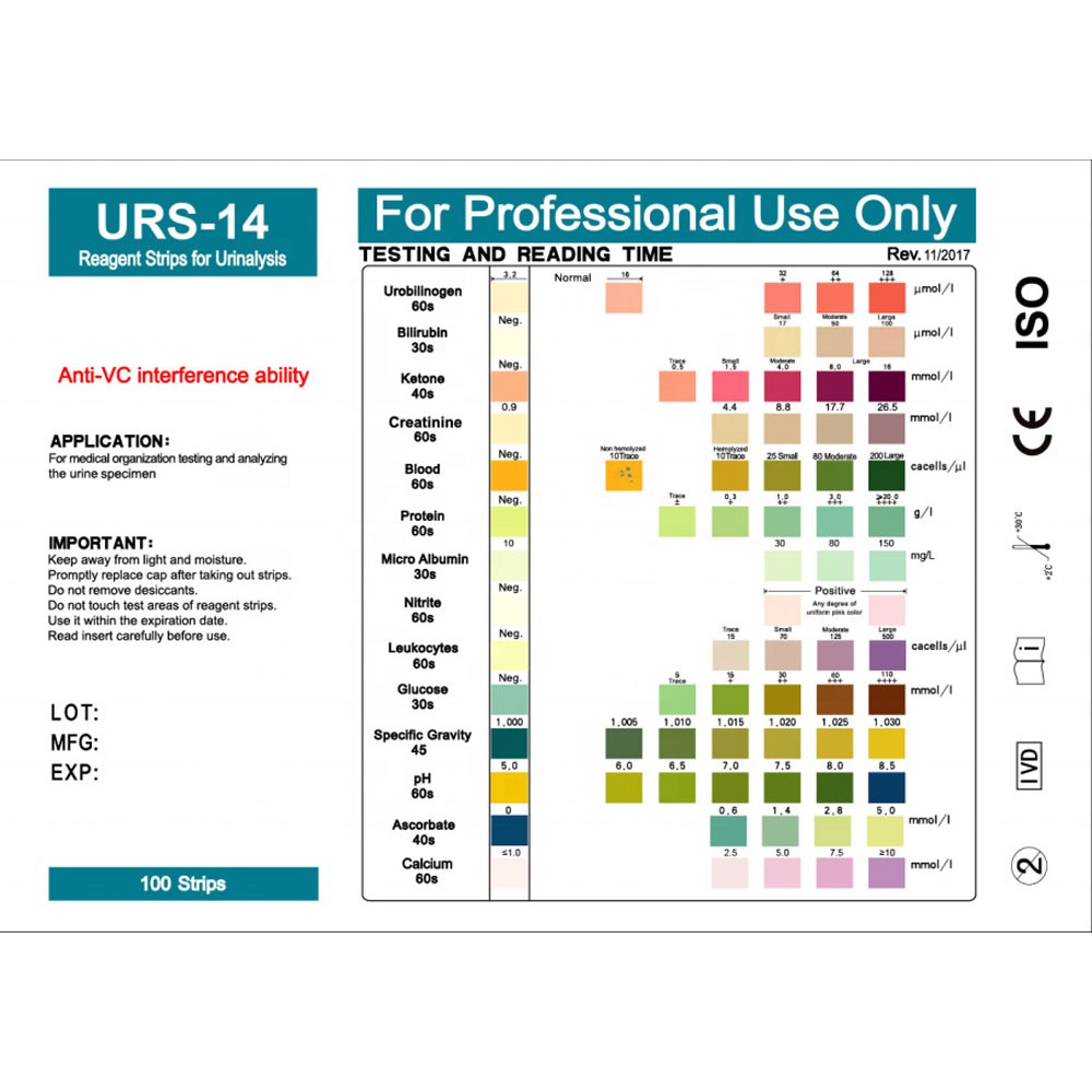 100PCS/Box URS-14 PH Test Strips Urinalysis Urine Analysis Test Reagent Strip US