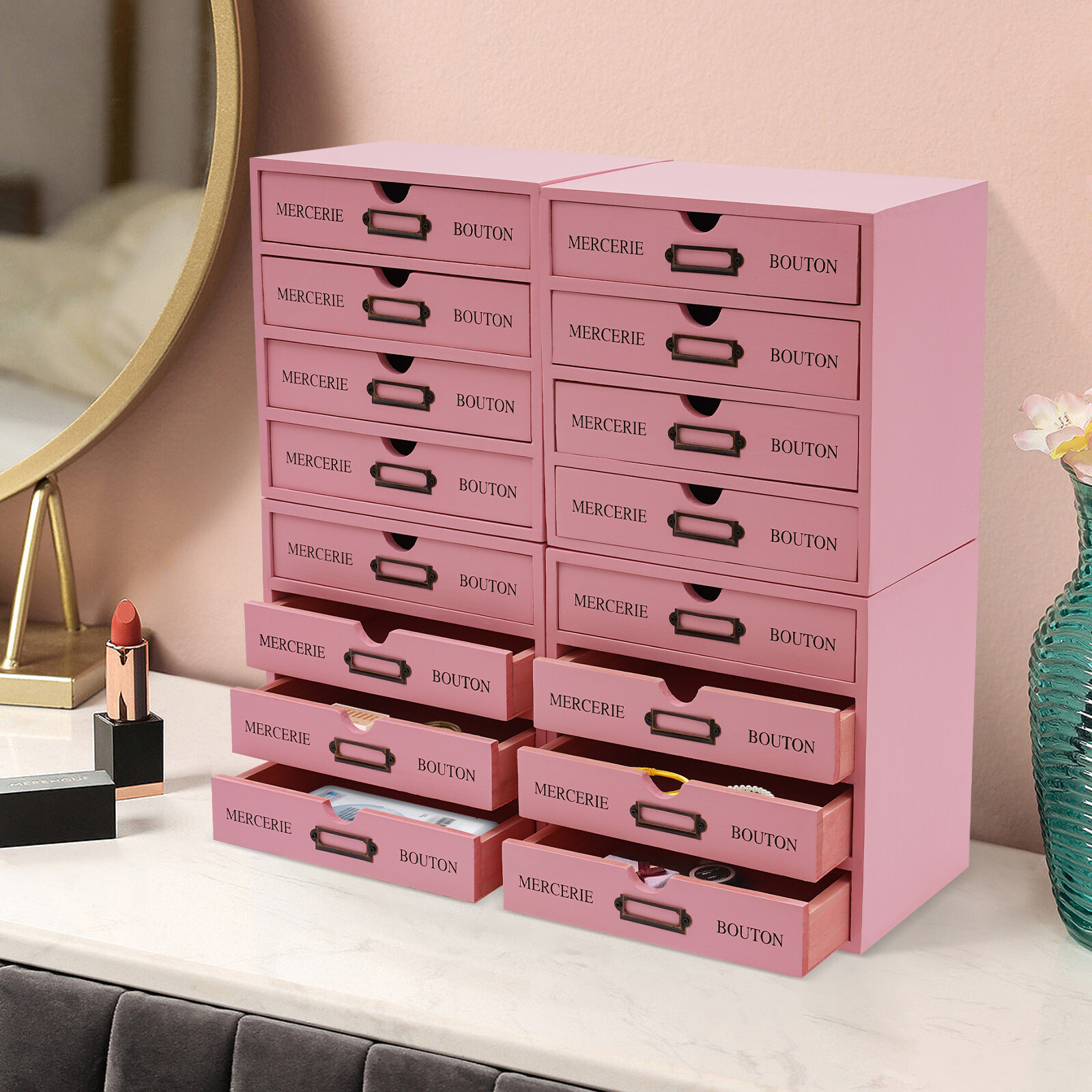 4 Pieces File Storage Box Desktop 16 Drawers Pink Wooden Storage Box