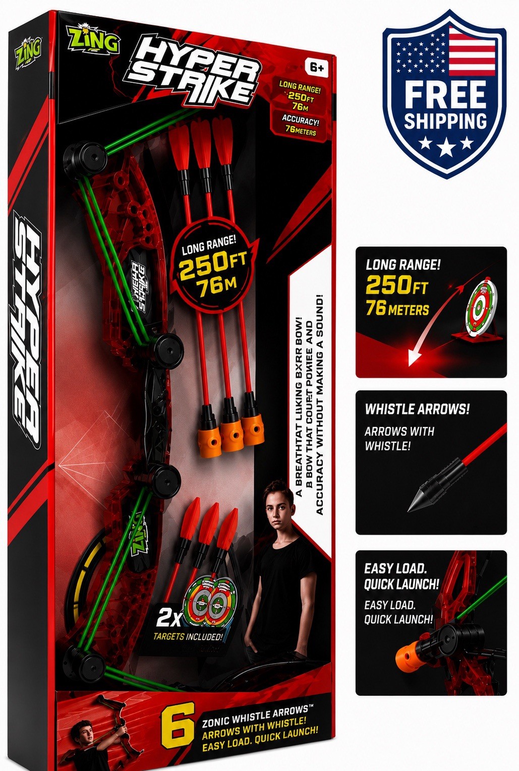 Zing HyperStrike Bow & Arrow Set 6 Zonic Whistle Arrows Targets Outdoor Toy