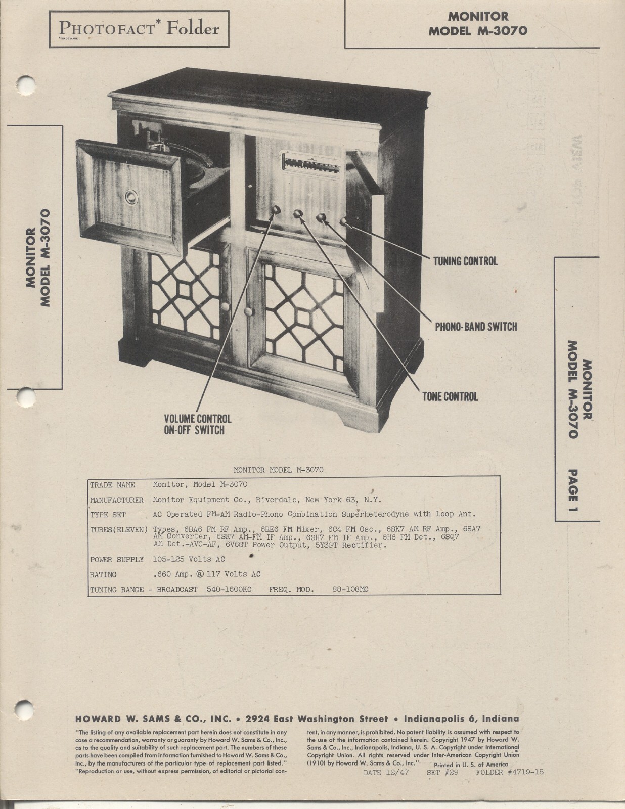 MONITOR Model M-3070, SAMS Photofact 1947, 8 Pages, NOS