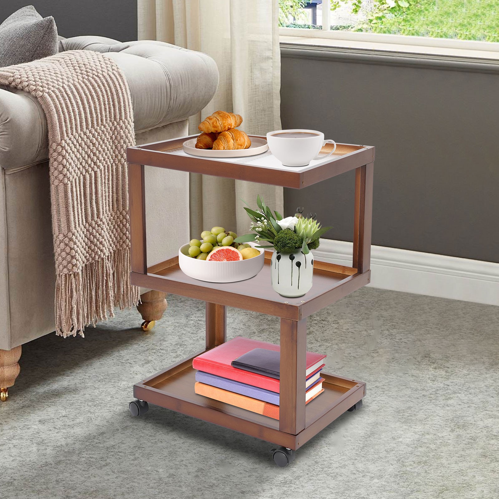 End Table 3-Tier Wood Nightstand End Table for Small Spaces with Open Storage