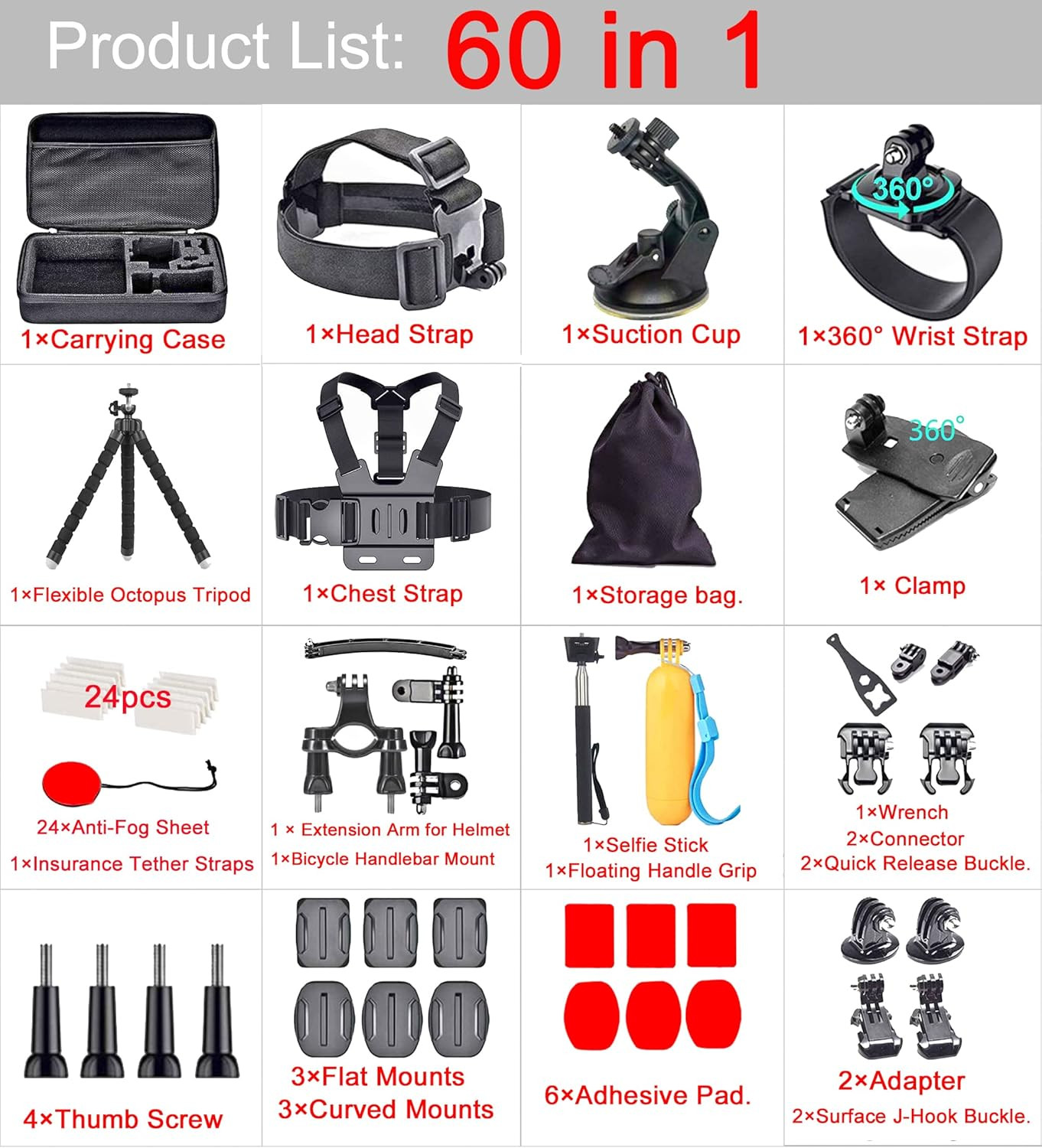 60 in 1 Action Camera Accessories Kit Mount Bundle for Hero Insta360 DJI