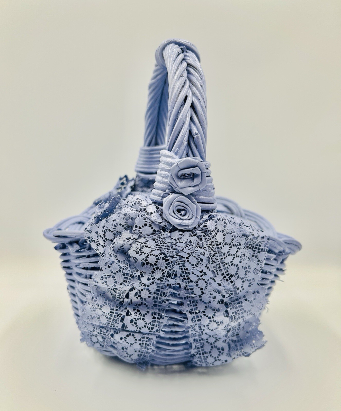 French Lilac Wicker & Lace Basket, 10 1/2”