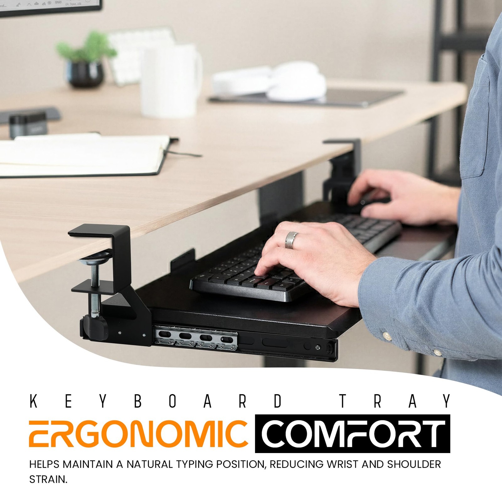 Keyboard Tray Under Desk Slide Out | MDF Board Platform with Iron Rail | Ergo...