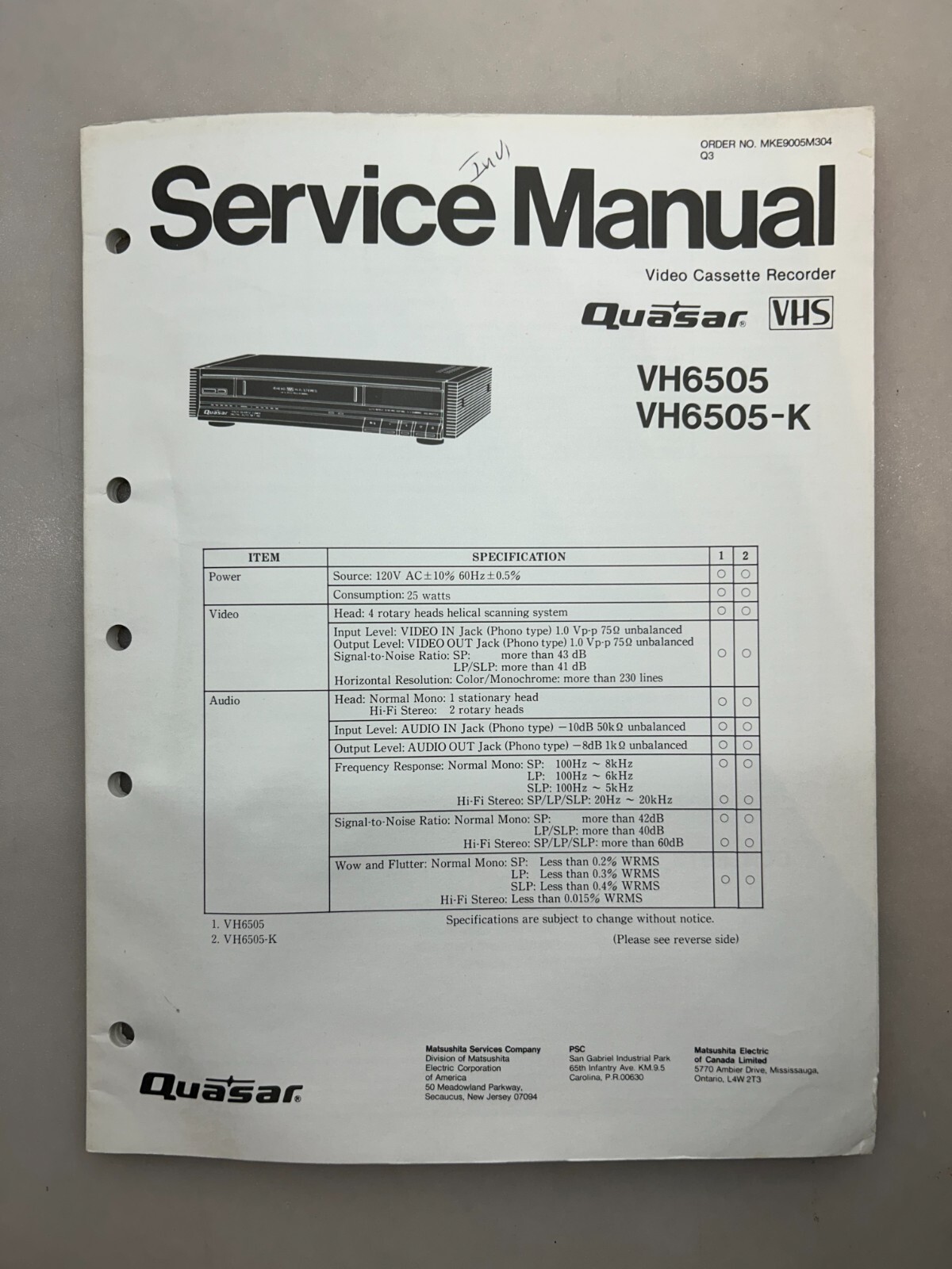 Quasar VH6505 Original Service Manual Free Shipping