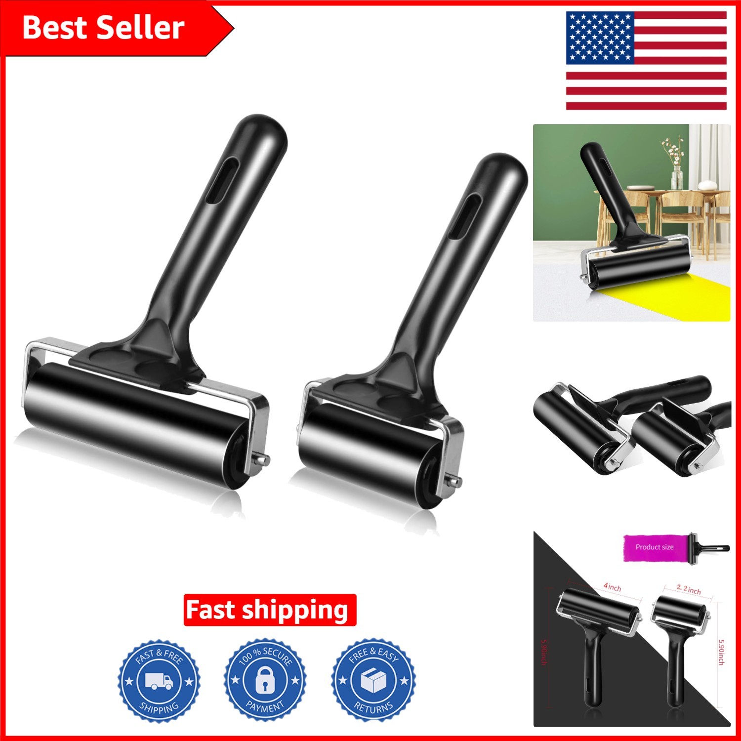 2-Piece Printmaking Roller Set - 4in & 2.2in Rubber Brayer Rollers