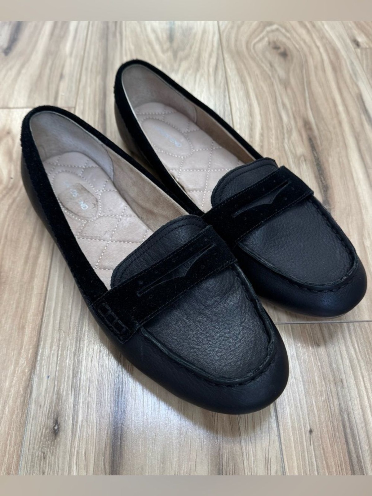 Lands' End Women's 8.5 Black Leather Suede Penny Loafer Flats Comfort Preppy