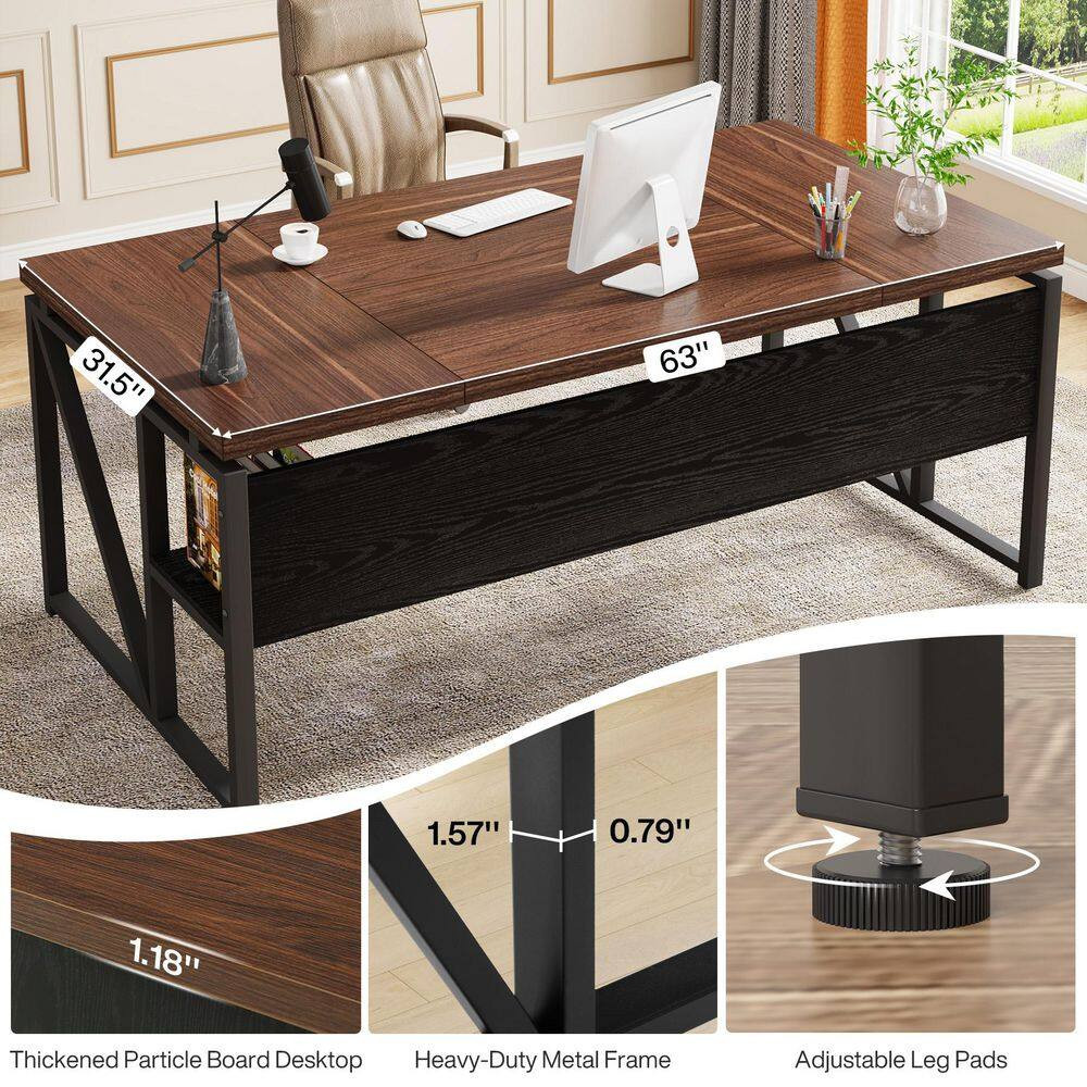 Moronia 62.9 In. Rectangular Deep Brown and Black Engineered Wood Computer Desk
