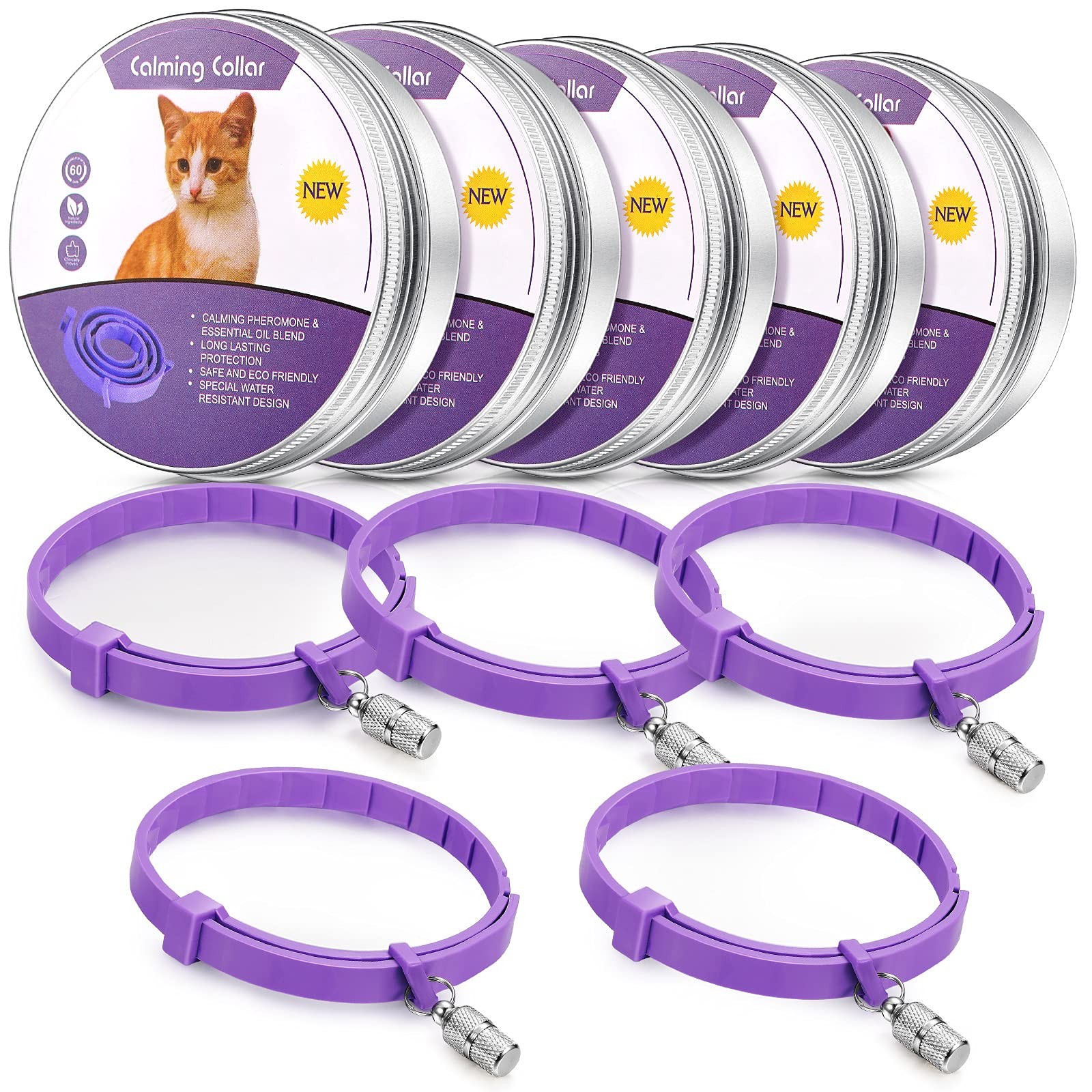 Weewooday 5 Set Calming Collar for Cats Adjustable Waterproof 15 inch, Purple