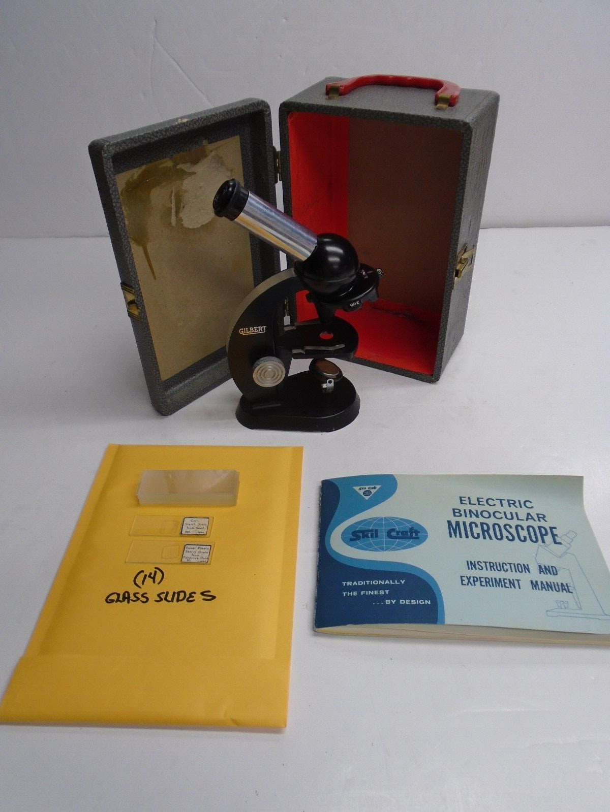 Vintage "GILBERT" MICROSCOPE CASE+SCOPE+(14) SLIDES+1963 "SKIL CRAFT" MANUAL