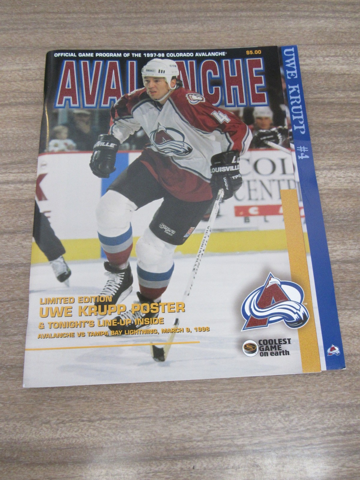 1997-98 Avalanche vs Lightning Program 3/9/98 w/ Roster Card Uwe Krupp