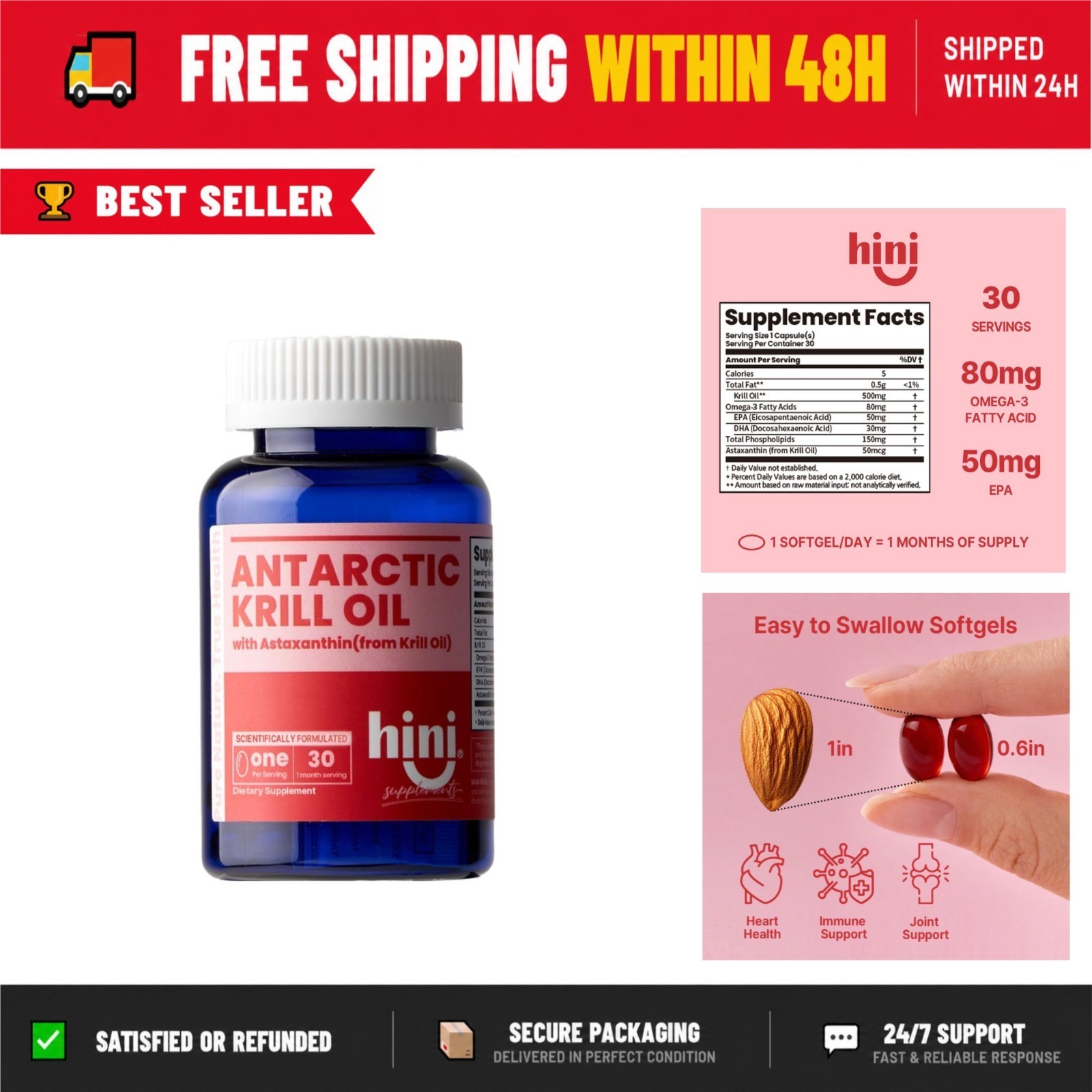 HINI Antarctic Krill Oil 500 mg, Omega-3 Softgel - 30 Count