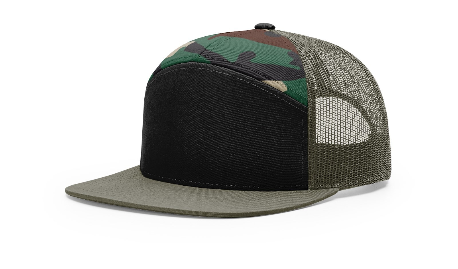 1 New Richardson 168 Black/Green Camo/Loden 7 Panel Trucker Cap Hat OSFM