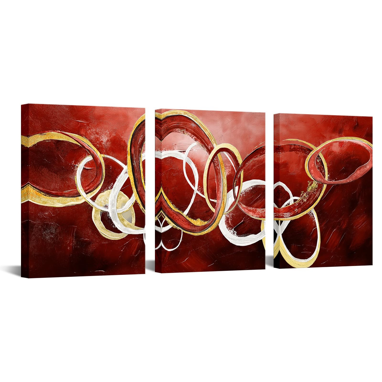 KREATIVE ARTS 3 Piece Abstract Wall Art Modern Golden Circle Small, Red