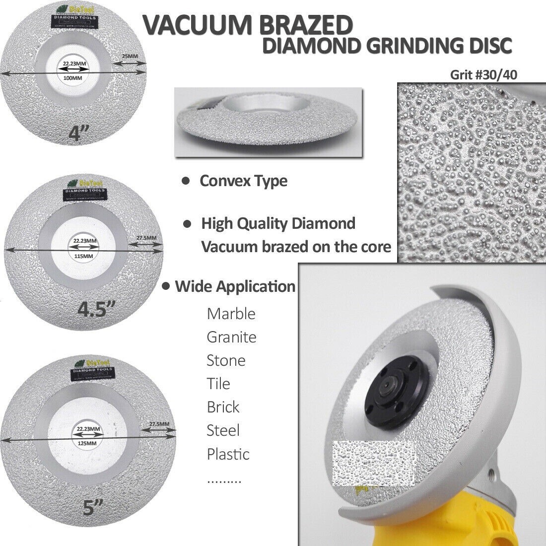 5" Diamond Vacuum Brazed Convex Grinding Cup Wheel for stone ceramic iron steel