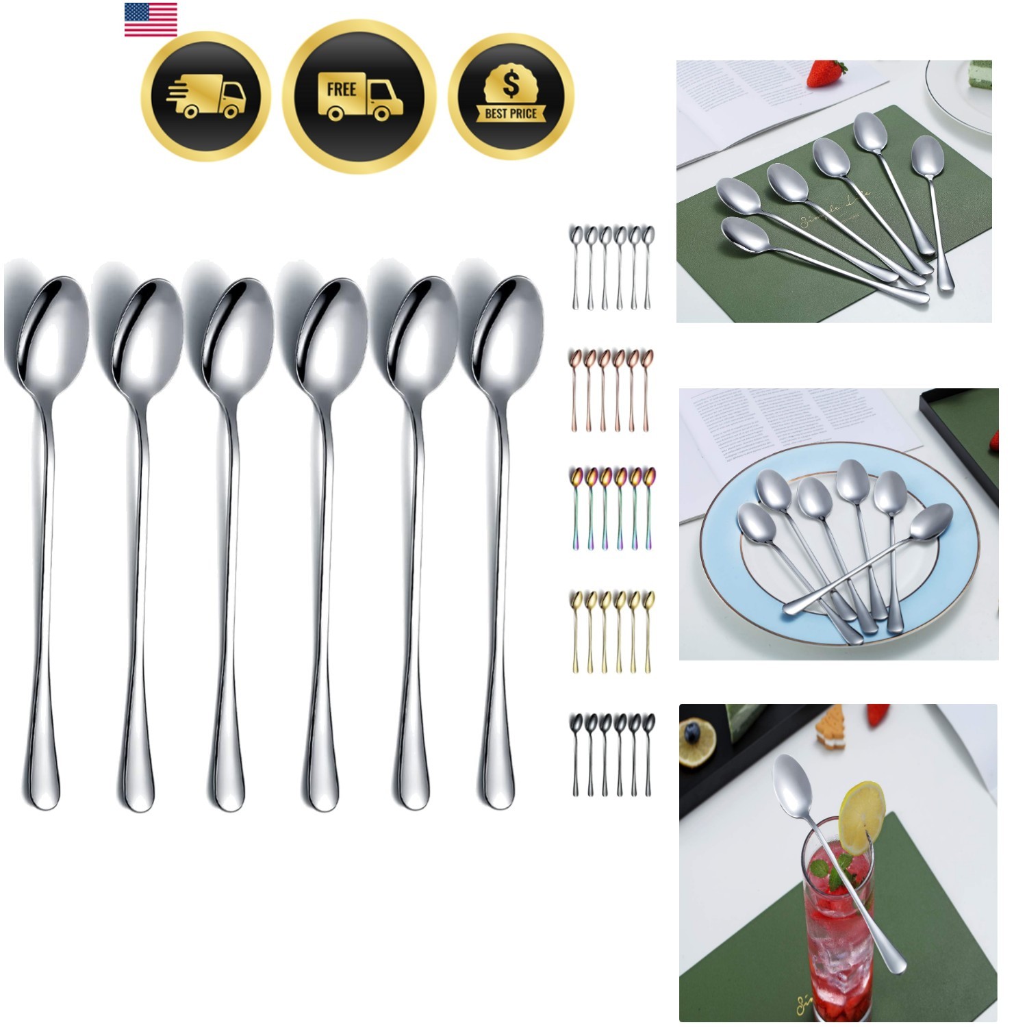 Stainless Steel Iced Tea Spoons Pack of 6 7.5 Inch Stirring Coffee Cocktail L...