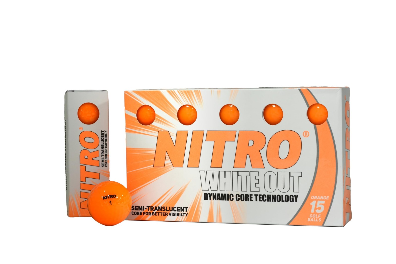 Nitro White Out Golf Ball- Bright Orange- 15 Pack- Dynamic Core Technology- U...